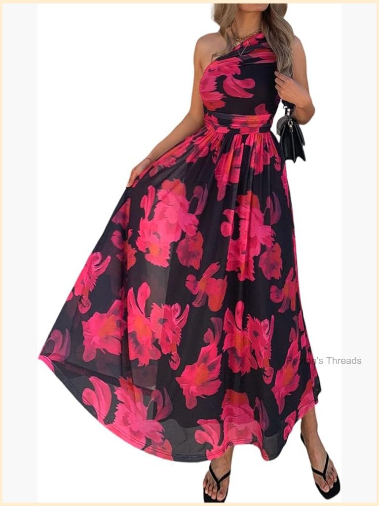 One Shoulder Maxi Dress Sleeveless Ruched Mesh Floral Sundress Beach Vacation